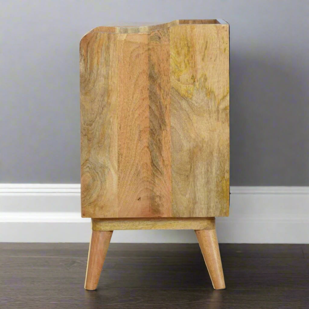 Side view of the Pink Gradient Cut-Out 3 Drawer Bedside Table, highlighting its slender profile and oak-ish finish.
