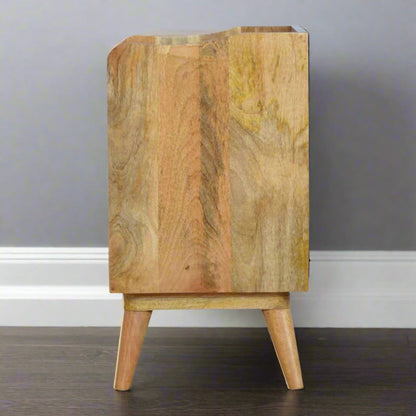 Side view of the Pink Gradient Cut-Out 3 Drawer Bedside Table, highlighting its slender profile and oak-ish finish.