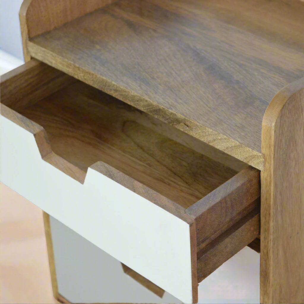 Top-down view of the Pink Gradient 3 Drawer Bedside Table, with the upper drawer open and showing the top surface.