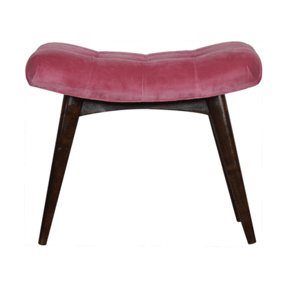 A GIF showing the Pink Velvet Curve Stool rotating to display all its angles, highlighting the pink velvet and walnut finish.