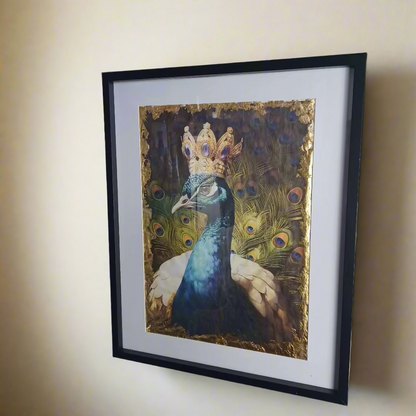 The Prince Peacock artwork displayed on a corner wall with stylish gold details and rich colors.