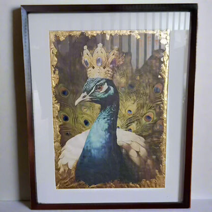Front view of the Prince Peacock framed print showing detailed artwork and gold leaf accents.