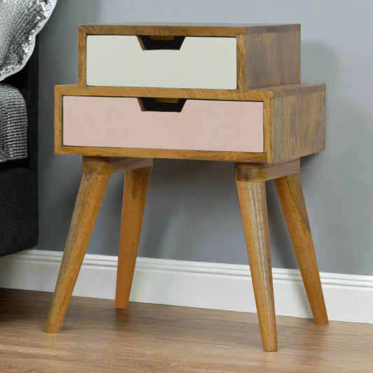 Cut-Out Hand Painted Multi 2 Drawer Bedside Table: Blush Pink & White / Oak-ish Finish