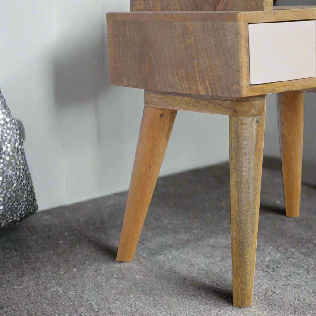 Cut-Out Hand Painted Multi 2 Drawer Bedside Table: Blush Pink & White / Oak-ish Finish