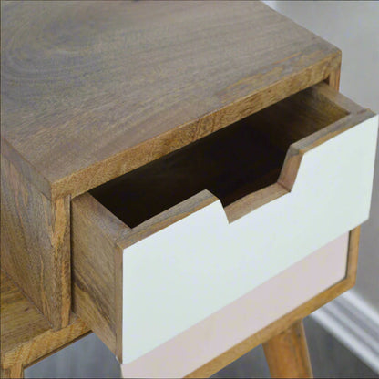 Cut-Out Hand Painted Multi 2 Drawer Bedside Table: Blush Pink & White / Oak-ish Finish