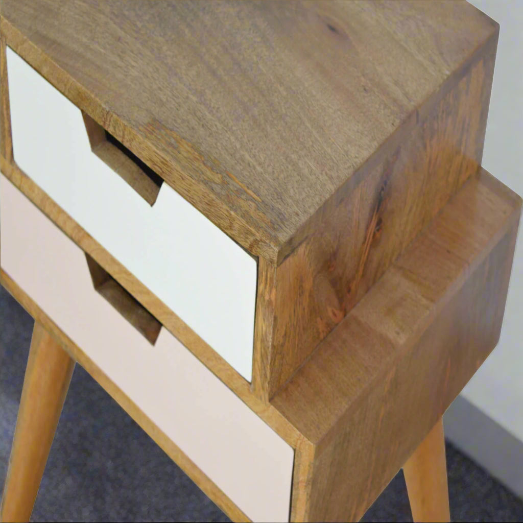 Cut-Out Hand Painted Multi 2 Drawer Bedside Table: Blush Pink & White / Oak-ish Finish