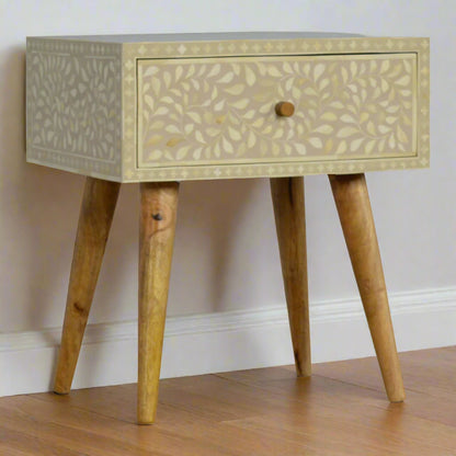 Floral Bone Inlay 1 Drawer Bedside Table - Grey (Oak-ish Finish)