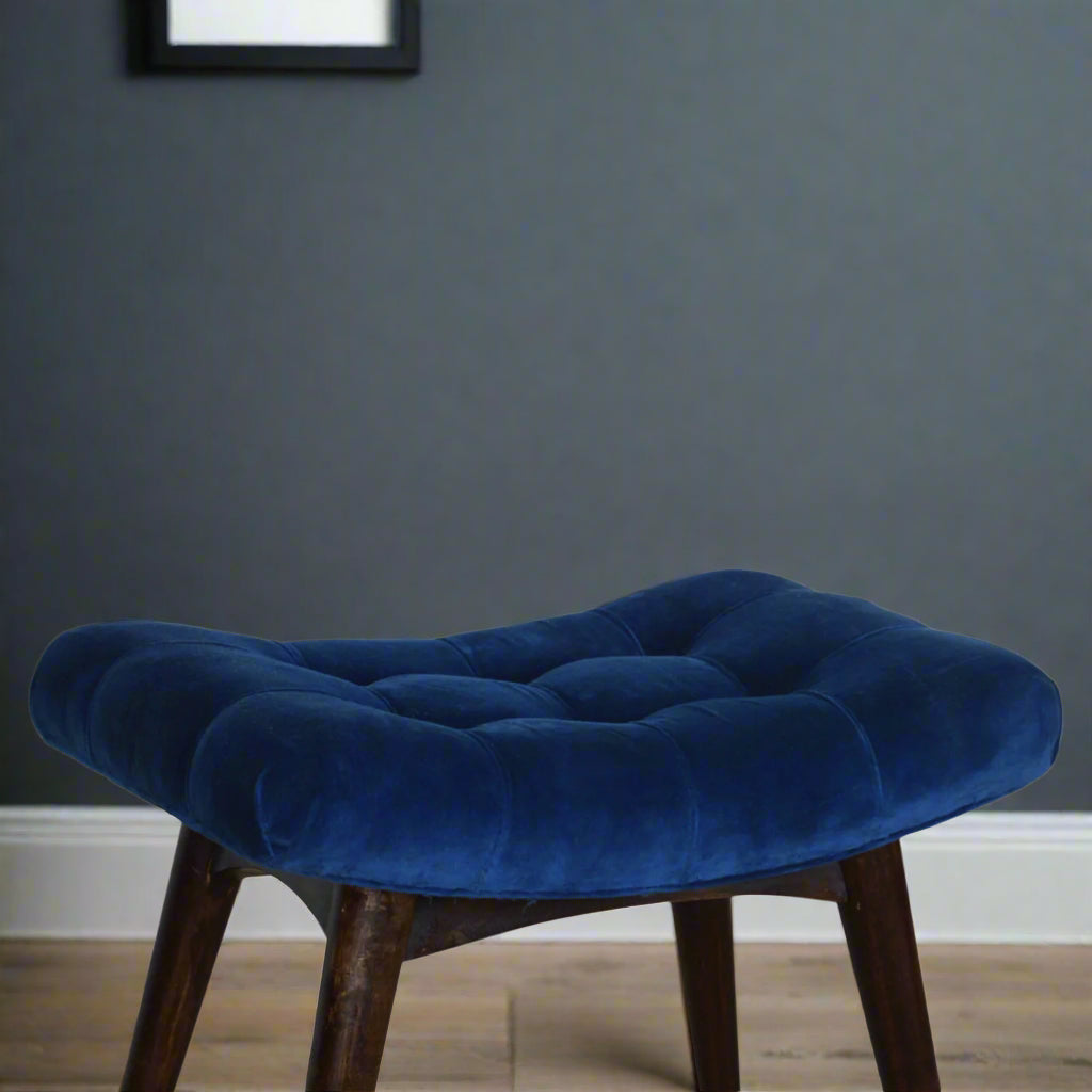 Royal Blue Velvet Curved Bench Stool