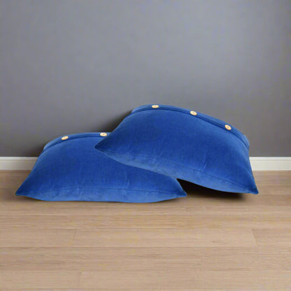 Pair of Quinn cushions laid flat, showcasing the velvet texture and button-down design.