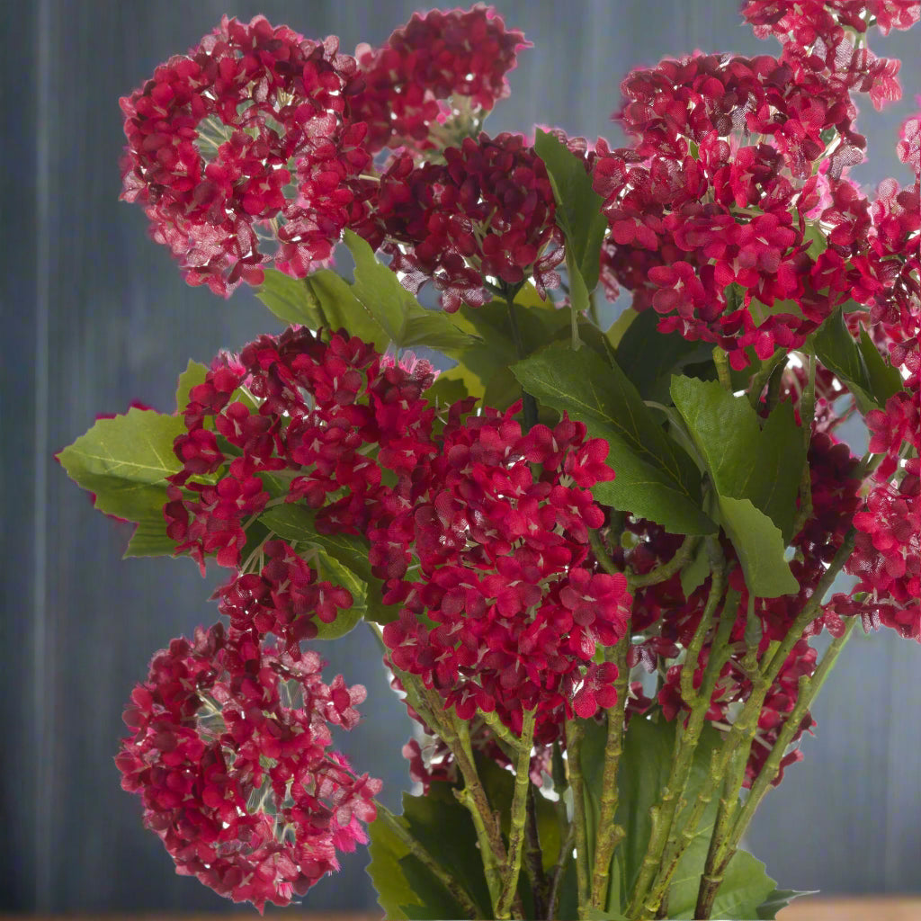 Zoomed-in view of a bunch of red autumnal viburnum in a vase.