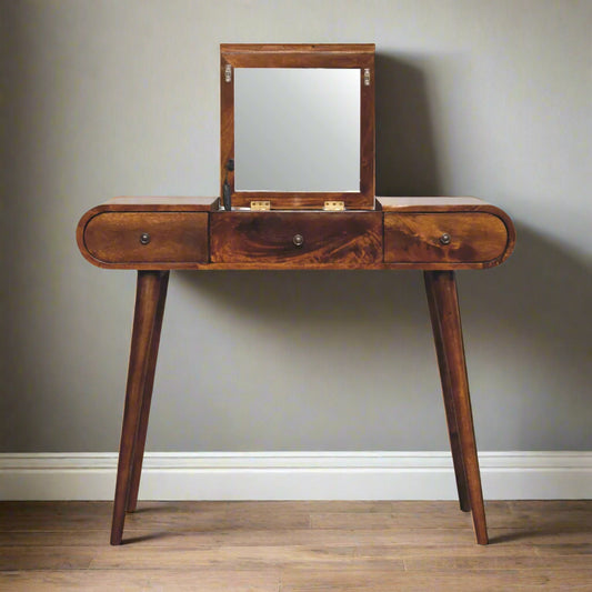 Front view of the rounded dressing table, with chestnut finish showcasing the fold-up mirror open