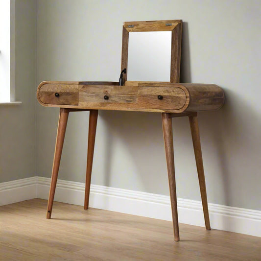 Front angled view of the rounded dressing table, with oak-ish finish showcasing the fold-up mirror open