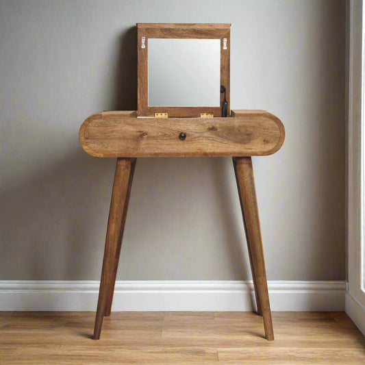 Front view of the rounded mini dressing table, with oak-ish finish showcasing the fold-up mirror open