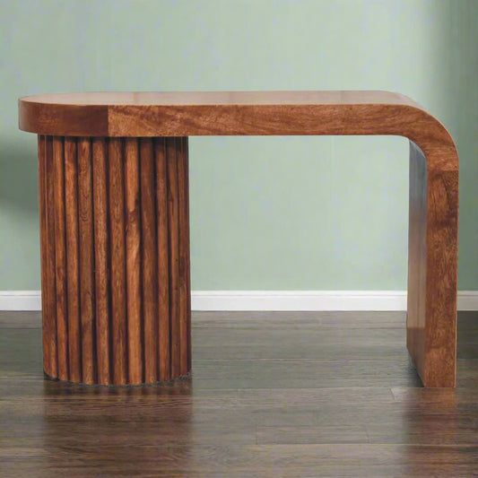 Front view of the Serenity Coffee Table with a honey caramel finish and ridged edges.