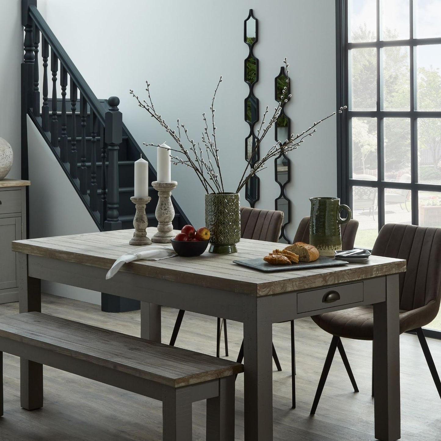 Seville Olive Jug styled on a modern dining table, paired with minimalist decor for a Mediterranean look.