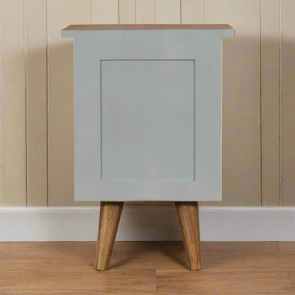 Back view of the sky blue hand-painted bedside table, showing the rear construction and finish.