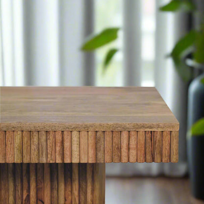 Zoomed-in view of the front left edge of the Soba Chunky Coffee Table, highlighting its classic oak-ish finish.