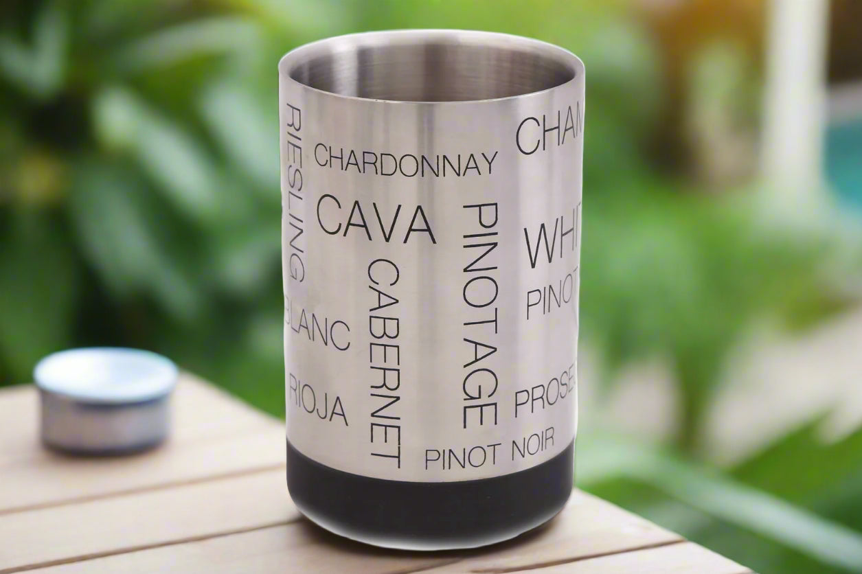 Stylish double-walled stainless steel wine cooler featuring engraved wine names and a black anti-slip base, perfect for garden parties or home use.