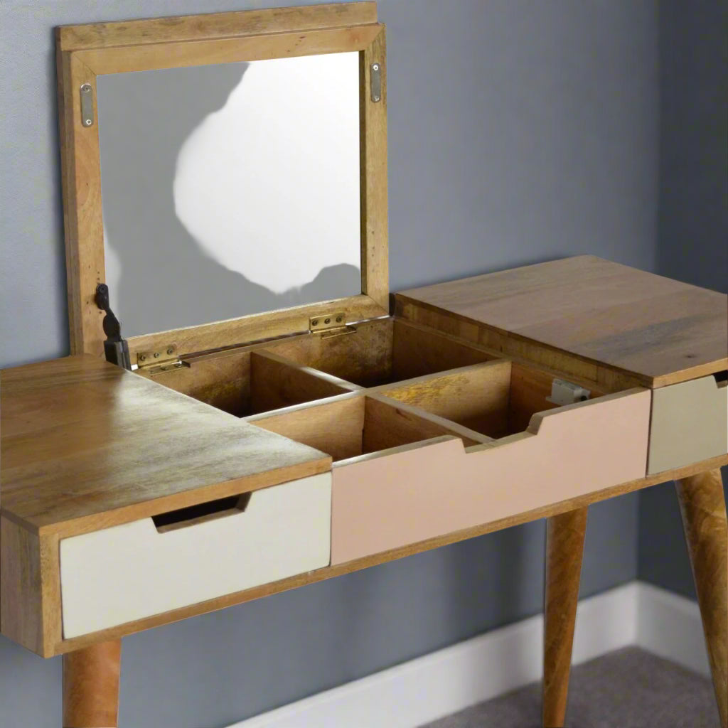 Open pink gradient drawer showing spacious interior storage compartment of standard straight edge dressing table with smooth sliding mechanism