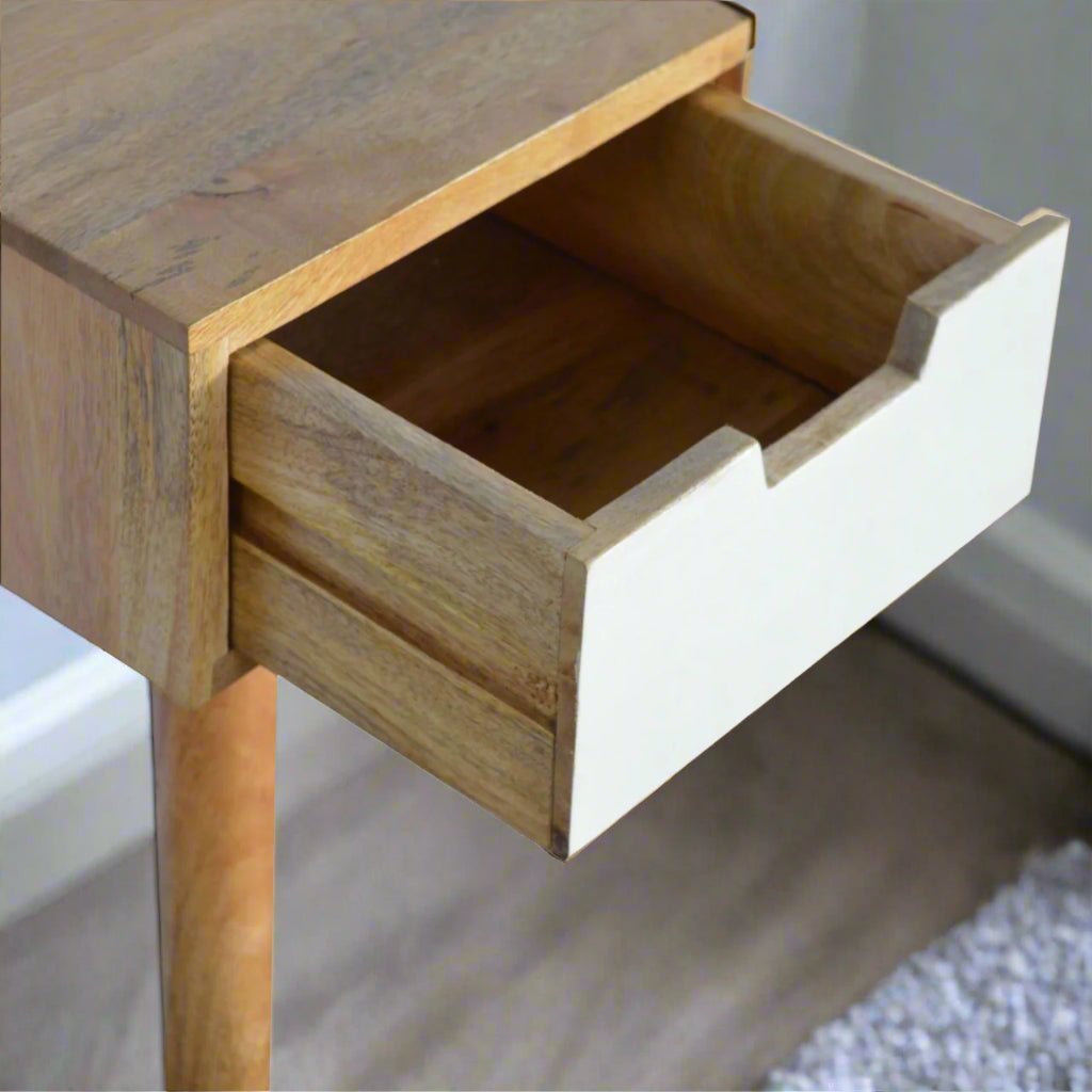 Standard straight edge dressing table with foldable mirror opened showing internal storage compartments and organisation sections for beauty accessories