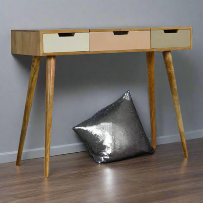 Solid mango wood straight edge dressing table showing under-table storage space with decorative silver accessories, highlighting the Nordic style tapered legs