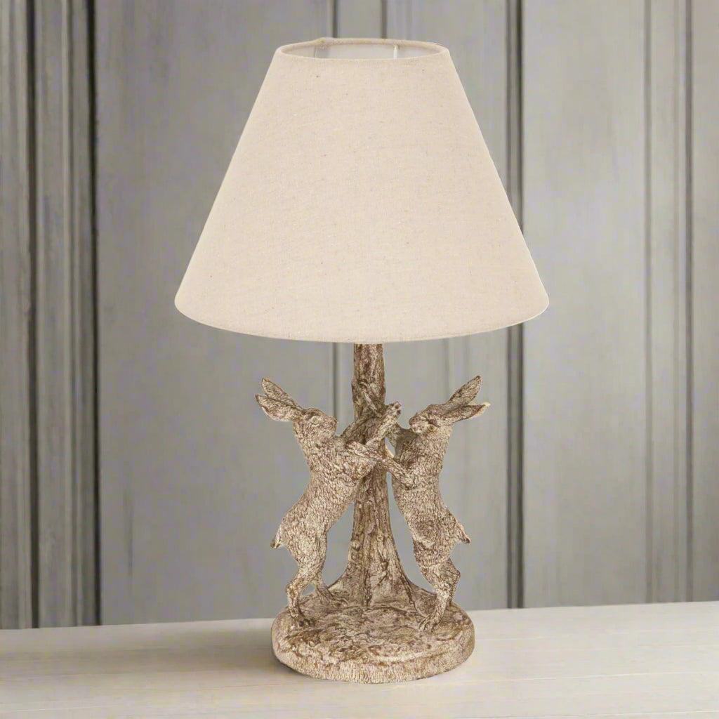 Full view of the Stonewashed Marching Hares Lamp with linen shade, showcasing the entire piece in detail.