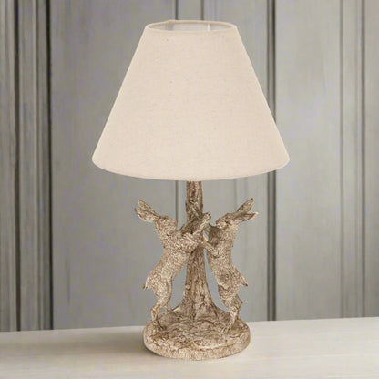 Full view of the Stonewashed Marching Hares Lamp with linen shade, showcasing the entire piece in detail.