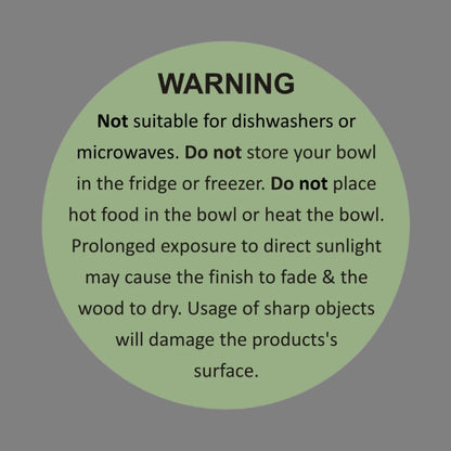 Product care warning label for tropical bowl set, advising on handcrafted nature and maintenance