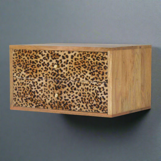 Side view of the wall mounted leopard print drawer table, showing its depth and sleek profile when mounted.