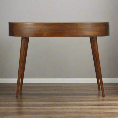 Back view of the Wave Desk, showcasing the consistent chestnut wood finish on all sides of the solid mango wood construction.