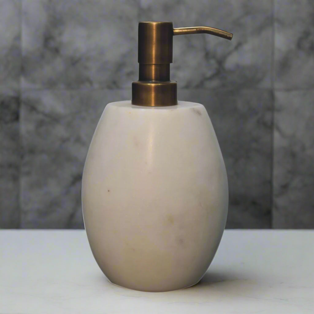 Front view of a single white marble dispenser.