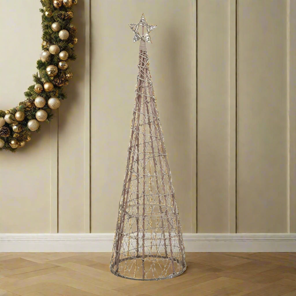 A tall, large LED wicker Christmas tree with a glowing star on top, perfect as a festive centrepiece for homes or retail displays.