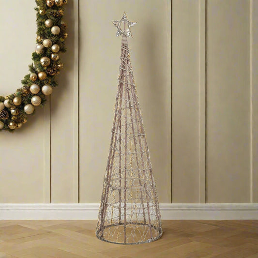 A tall, large LED wicker Christmas tree with a glowing star on top, perfect as a festive centrepiece for homes or retail displays.