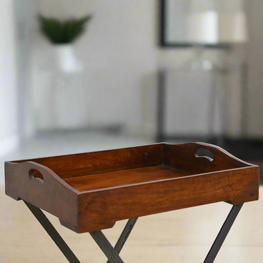 Elevated view of the wooden tray in a styled room, showcasing its compact and elegant design.