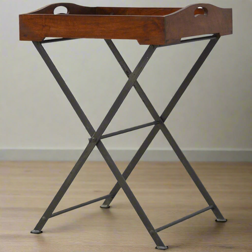 Full side view of the foldable wooden tray table with cross iron legs, ideal for rustic kitchen styling and food prep.
