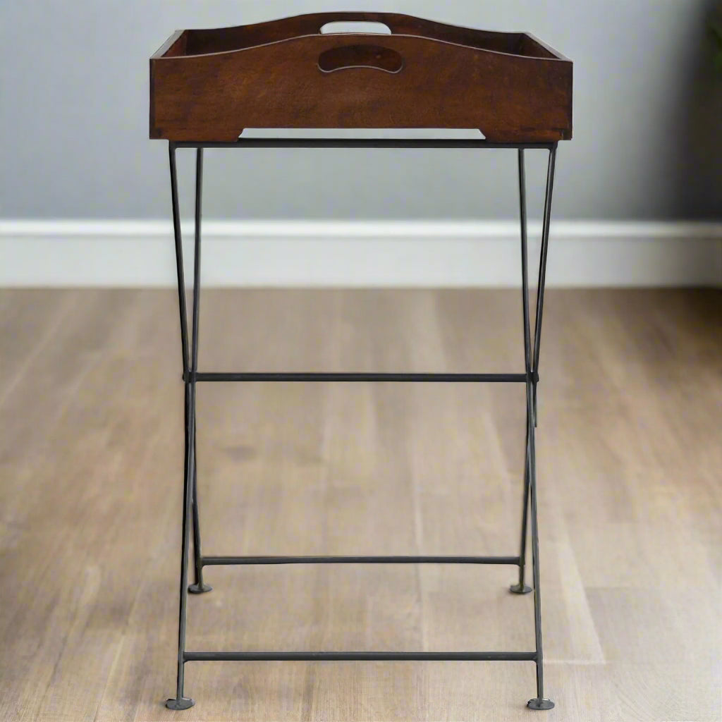 Side view of the tray emphasizing the iron leg design and wood finish – perfect kitchen workstation.