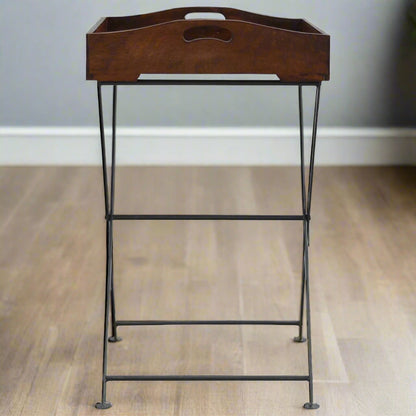 Side view of the tray emphasizing the iron leg design and wood finish – perfect kitchen workstation.