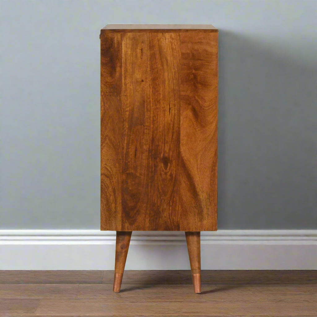 Side view highlighting beautiful mango woodgrain finish and solid structure.